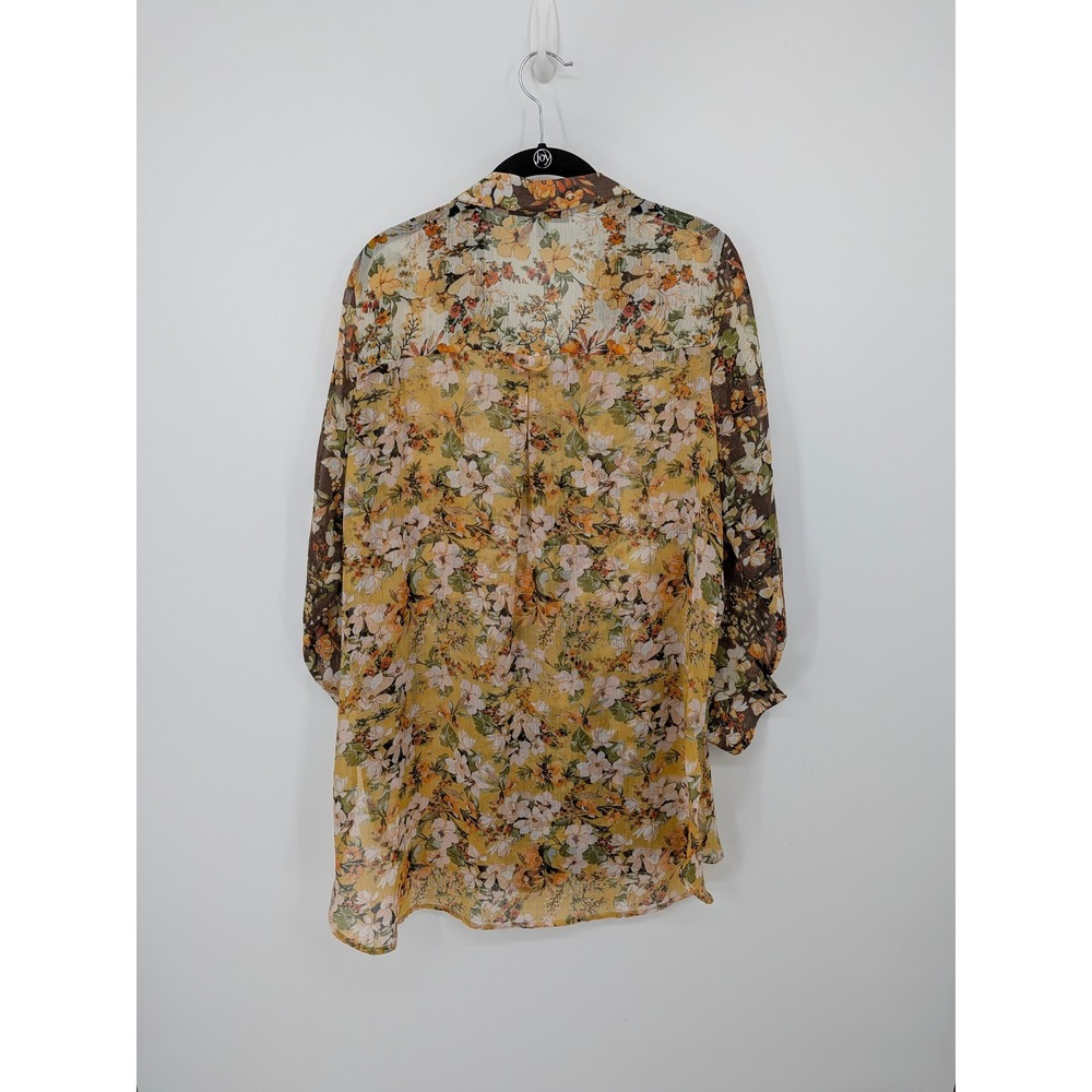 Figueroa & Flower Button Front Blouse Women XL Yellow Brown Floral Sheer Tunic - Picture 4 of 5